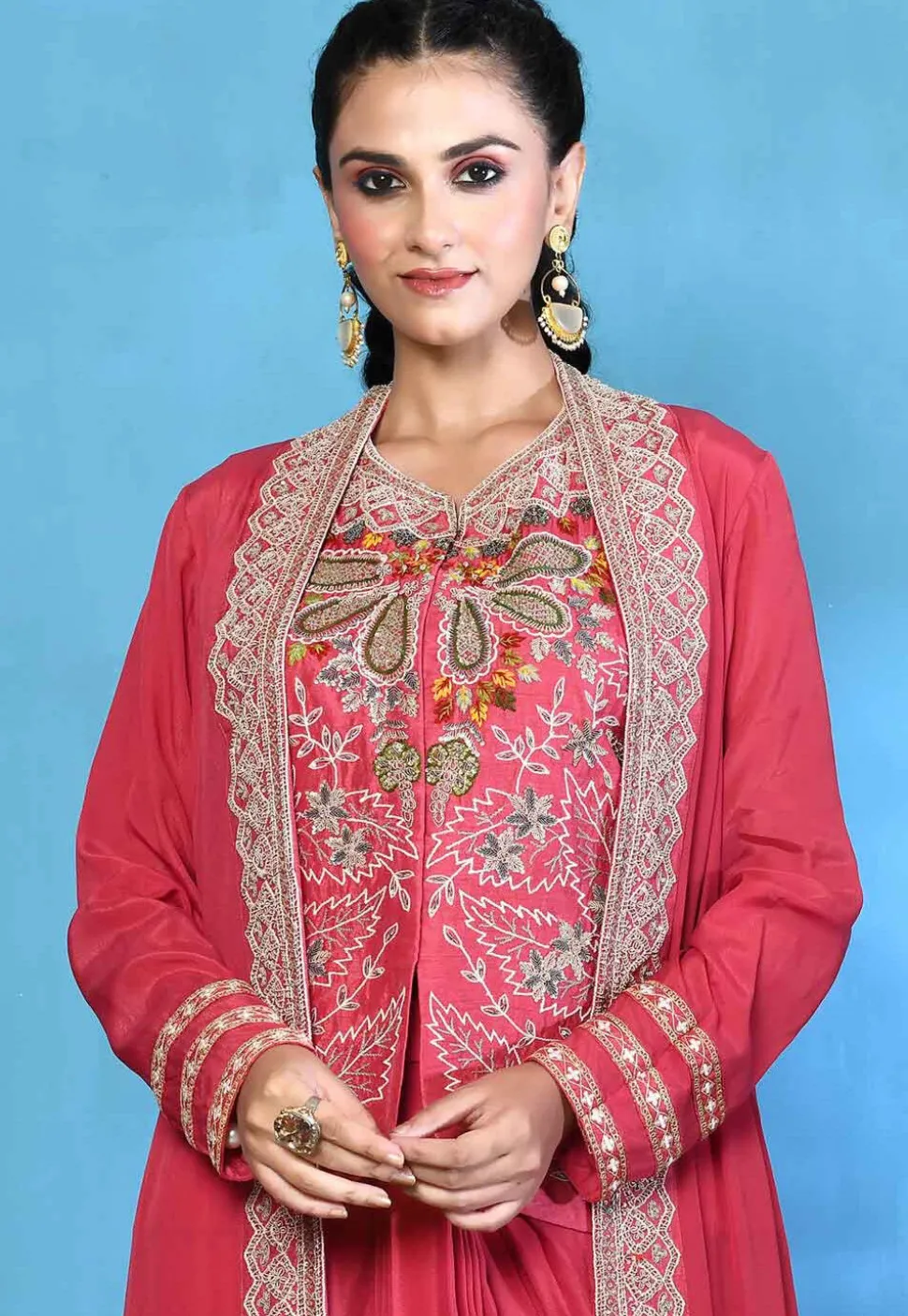 Hand Embroidered Pure Silk Top Set in Coral Pink