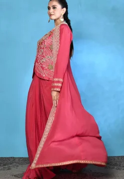Hand Embroidered Pure Silk Top Set in Coral Pink