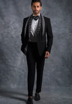 Hand Embroidered Pure Terry Rayon Tuxedo Set in Black