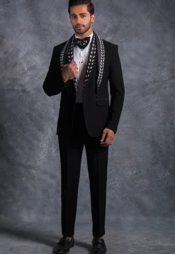 Hand Embroidered Pure Terry Rayon Tuxedo Set in Black