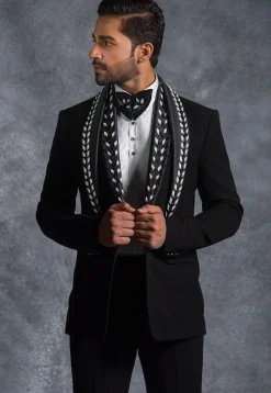 Hand Embroidered Pure Terry Rayon Tuxedo Set in Black
