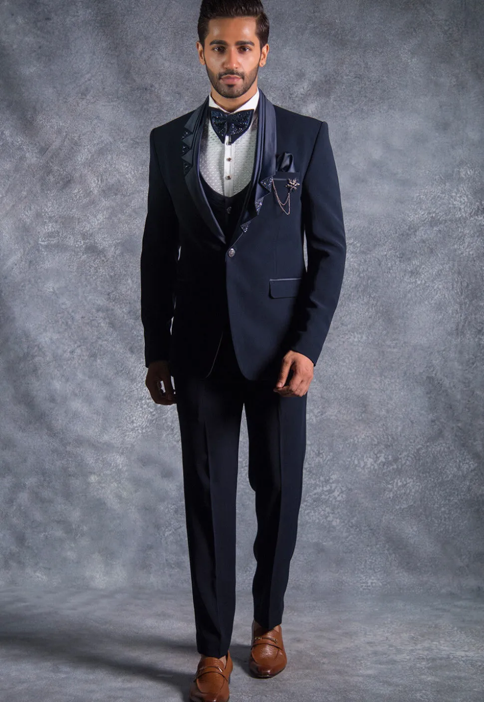Hand Embroidered Pure Terry Rayon Tuxedo Set in Navy Blue