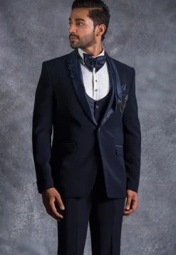 Hand Embroidered Pure Terry Rayon Tuxedo Set in Navy Blue