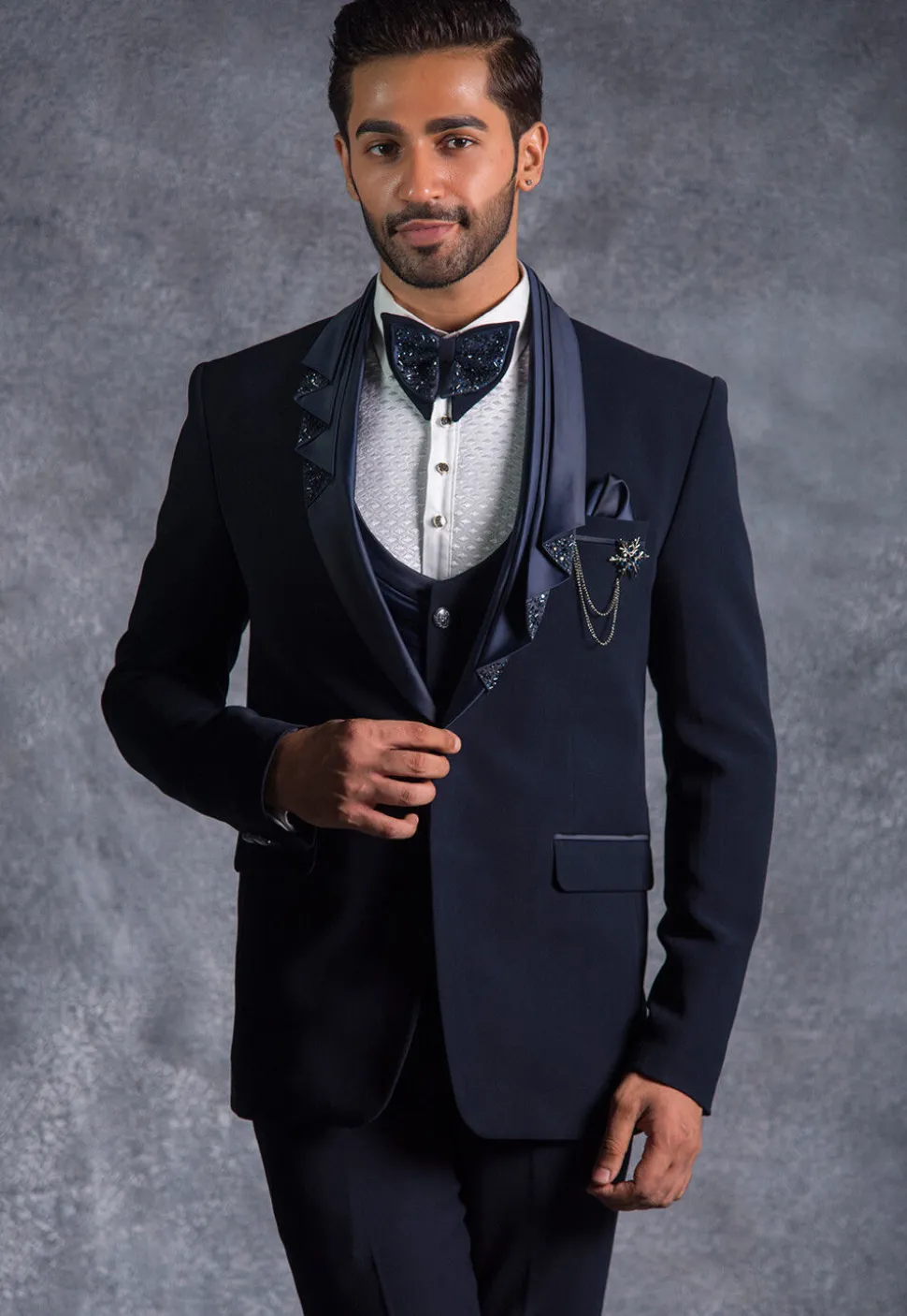 Hand Embroidered Pure Terry Rayon Tuxedo Set in Navy Blue