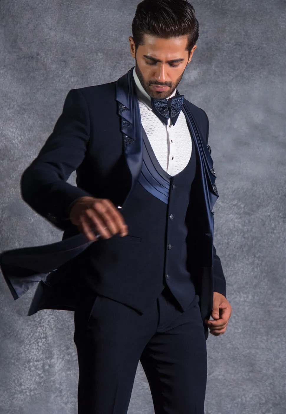 Hand Embroidered Pure Terry Rayon Tuxedo Set in Navy Blue