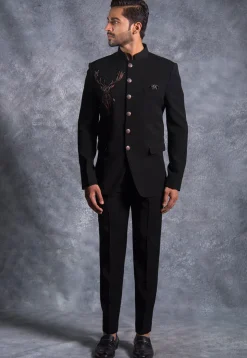 Hand Embroidered Pure Terry Rayon Jodhpuri Suit in Black