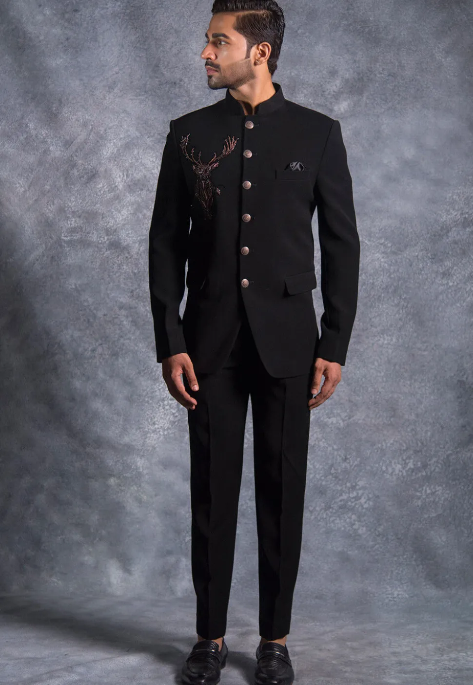 Hand Embroidered Pure Terry Rayon Jodhpuri Suit in Black