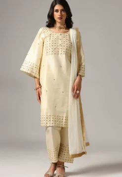 Hand Embroidered Raw Silk Pakistani Suit in Cream