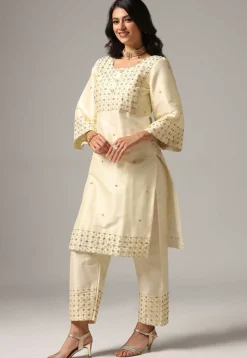 Hand Embroidered Raw Silk Pakistani Suit in Cream