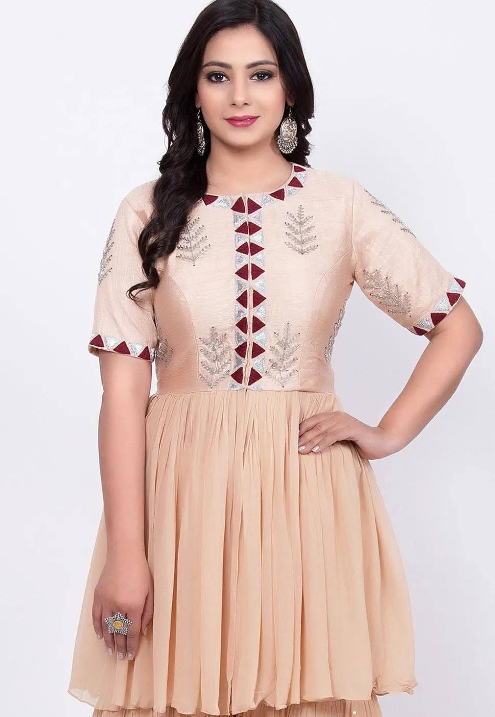 Hand Embroidered Raw Silk Tunic Sharara Set in Off White