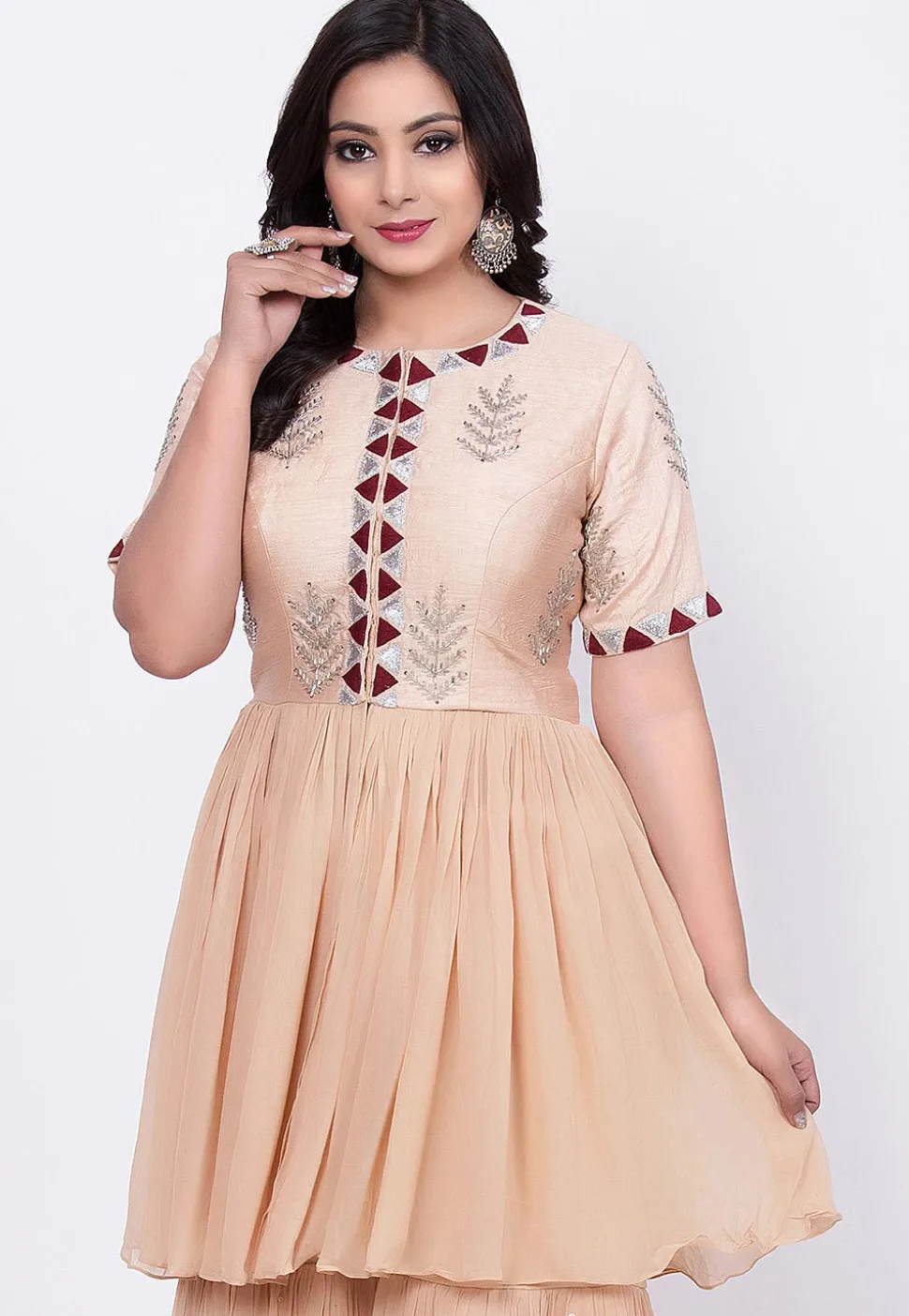 Hand Embroidered Raw Silk Tunic Sharara Set in Off White
