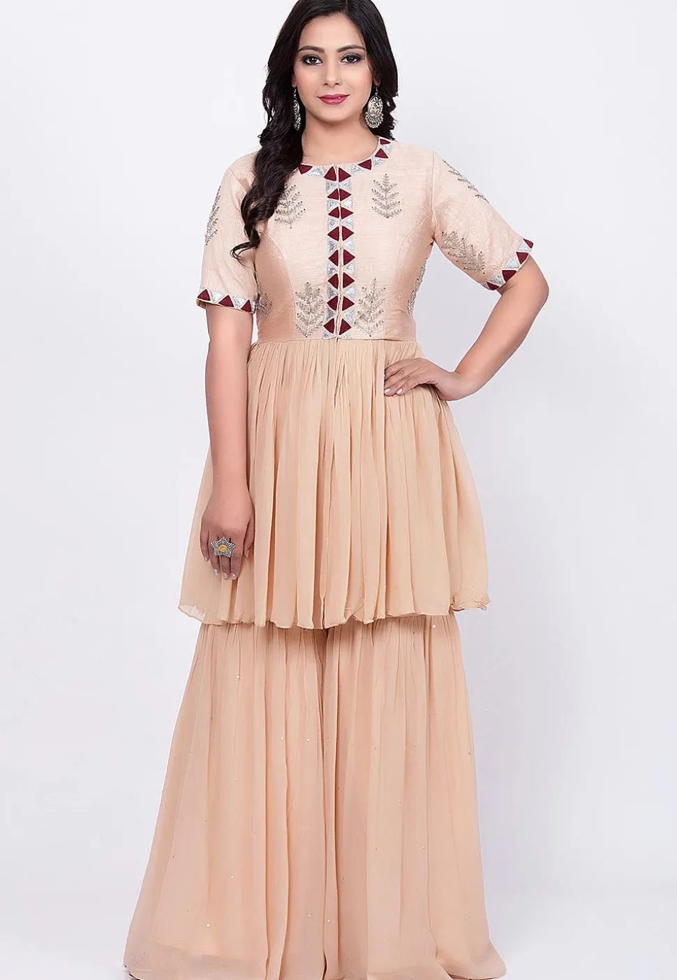 Hand Embroidered Raw Silk Tunic Sharara Set in Off White