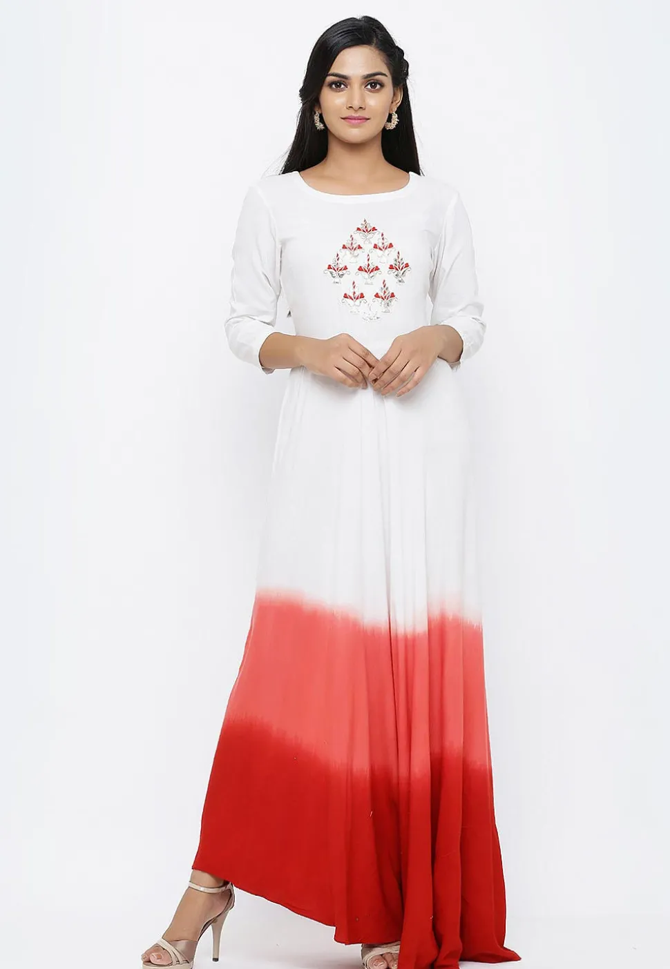 Hand Embroidered Rayon Gown in Shaded White and Red
