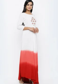 Hand Embroidered Rayon Gown in Shaded White and Red