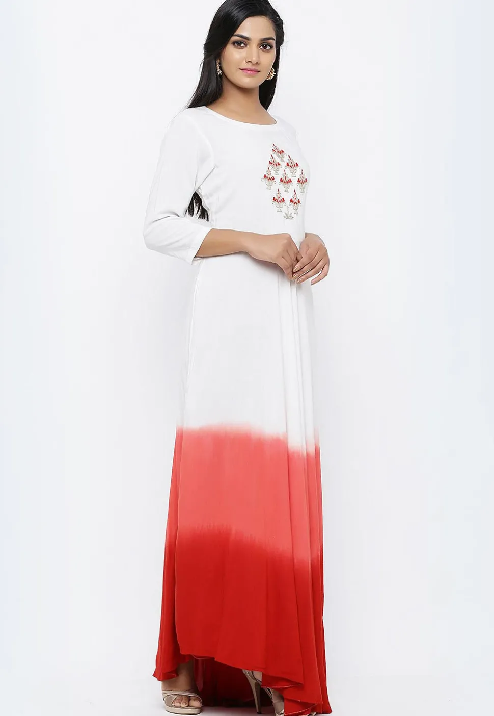 Hand Embroidered Rayon Gown in Shaded White and Red