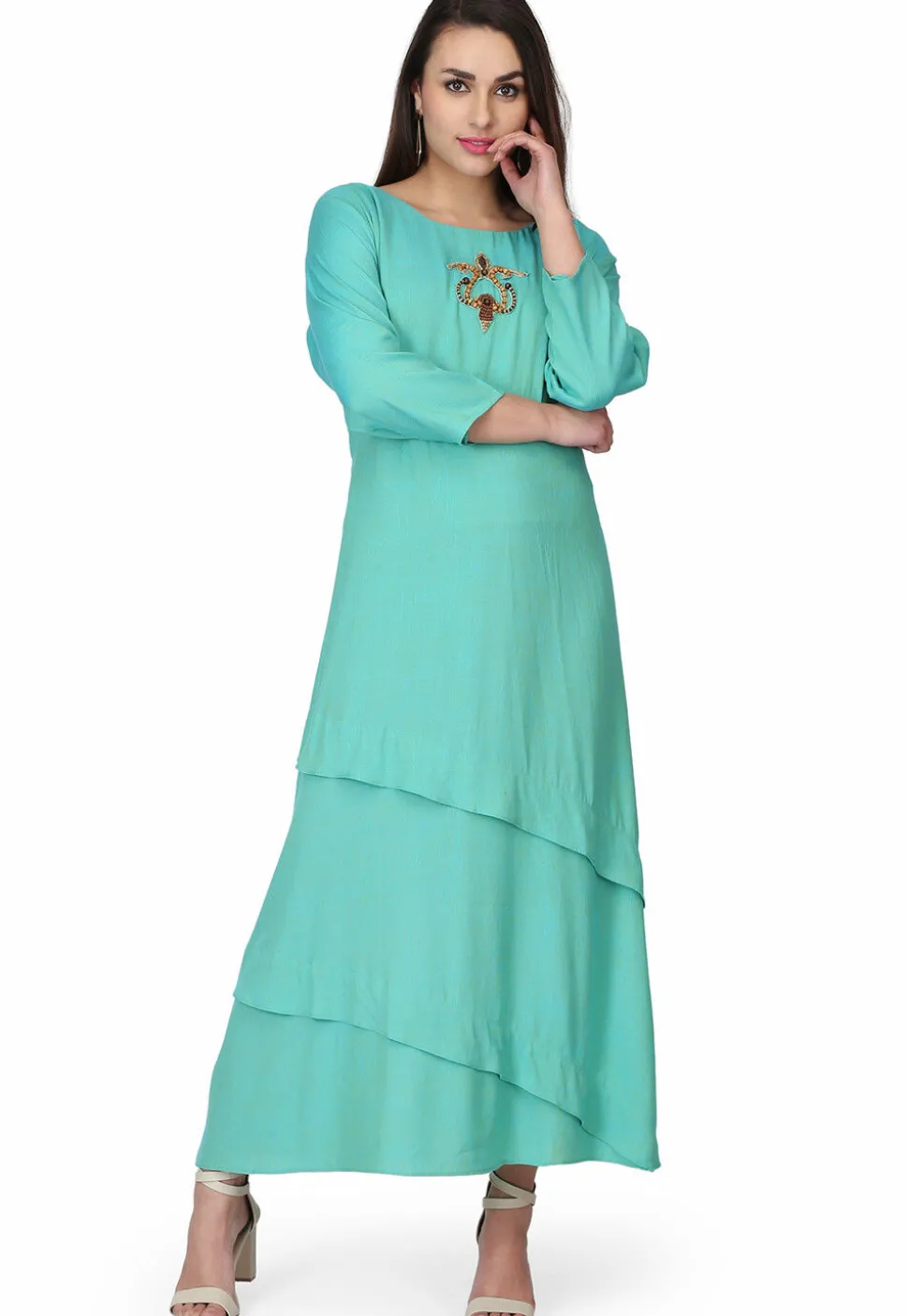 Hand Embroidered Rayon Gown in Sea Green