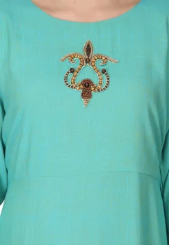 Hand Embroidered Rayon Gown in Sea Green