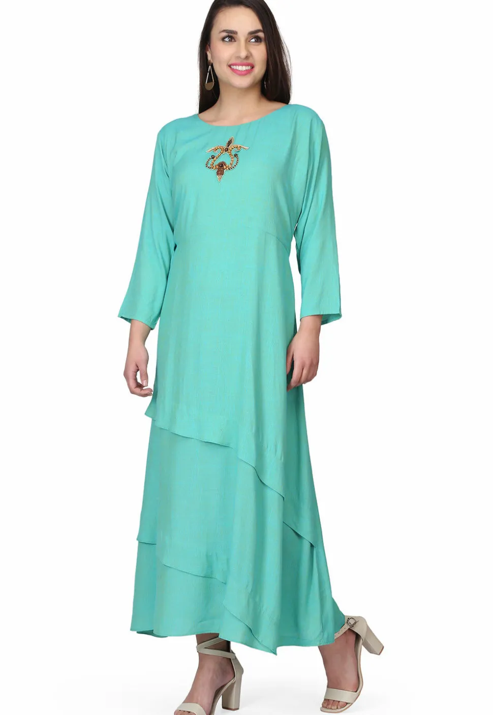 Hand Embroidered Rayon Gown in Sea Green