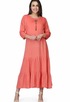 Hand Embroidered Rayon Maxi Dress in Peach