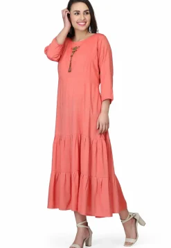 Hand Embroidered Rayon Maxi Dress in Peach
