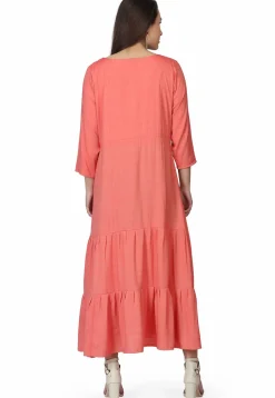 Hand Embroidered Rayon Maxi Dress in Peach