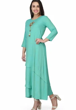 Hand Embroidered Rayon Maxi Dress in Sea Green