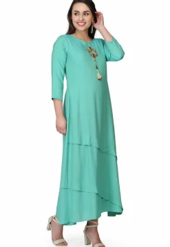 Hand Embroidered Rayon Maxi Dress in Sea Green
