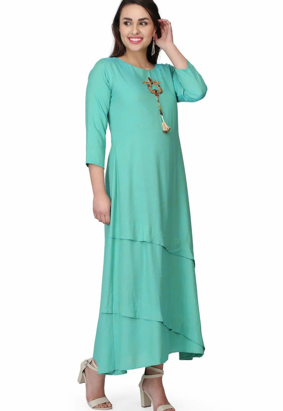 Hand Embroidered Rayon Maxi Dress in Sea Green