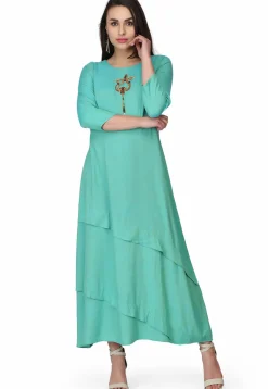 Hand Embroidered Rayon Maxi Dress in Sea Green