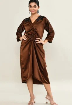 Hand Embroidered Satin A Line Dress in Brown