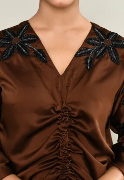 Hand Embroidered Satin A Line Dress in Brown