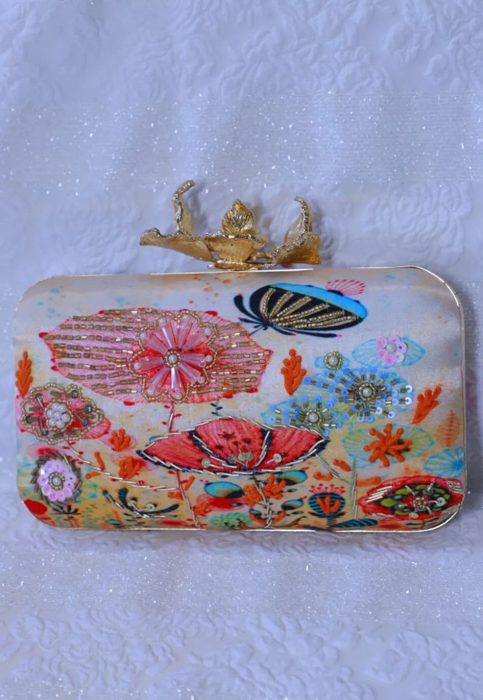 Hand Embroidered Satin Clutch Bag in Multicolor