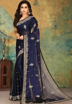 Hand Embroidered Satin Georgette Saree in Navy Blue