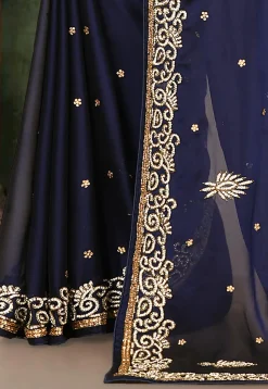 Hand Embroidered Satin Georgette Saree in Navy Blue