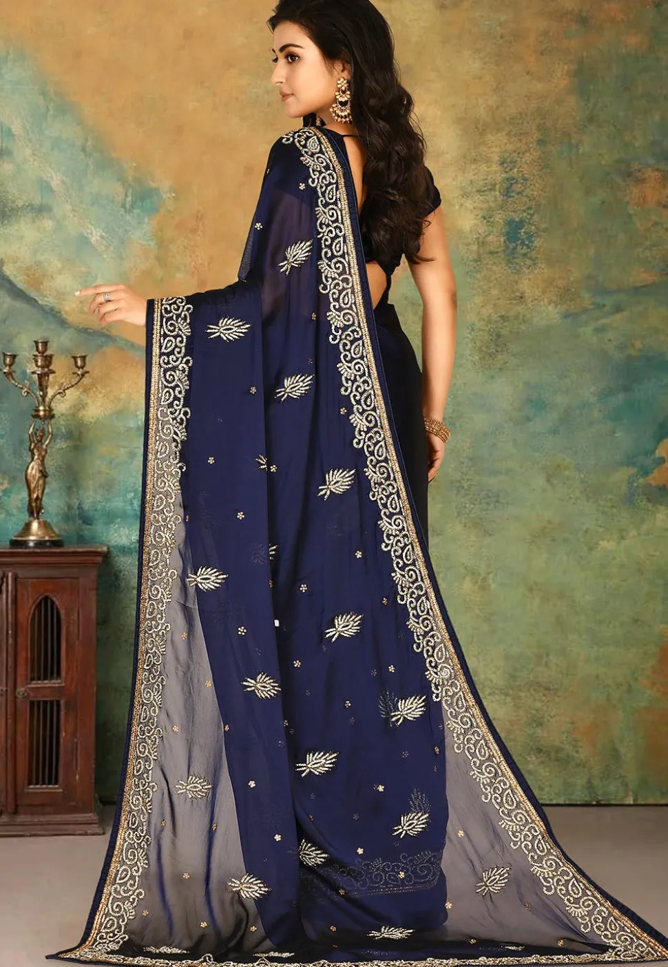 Hand Embroidered Satin Georgette Saree in Navy Blue