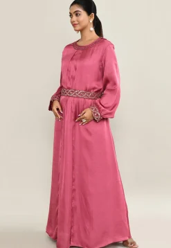 Hand Embroidered Satin Gown in Old Rose