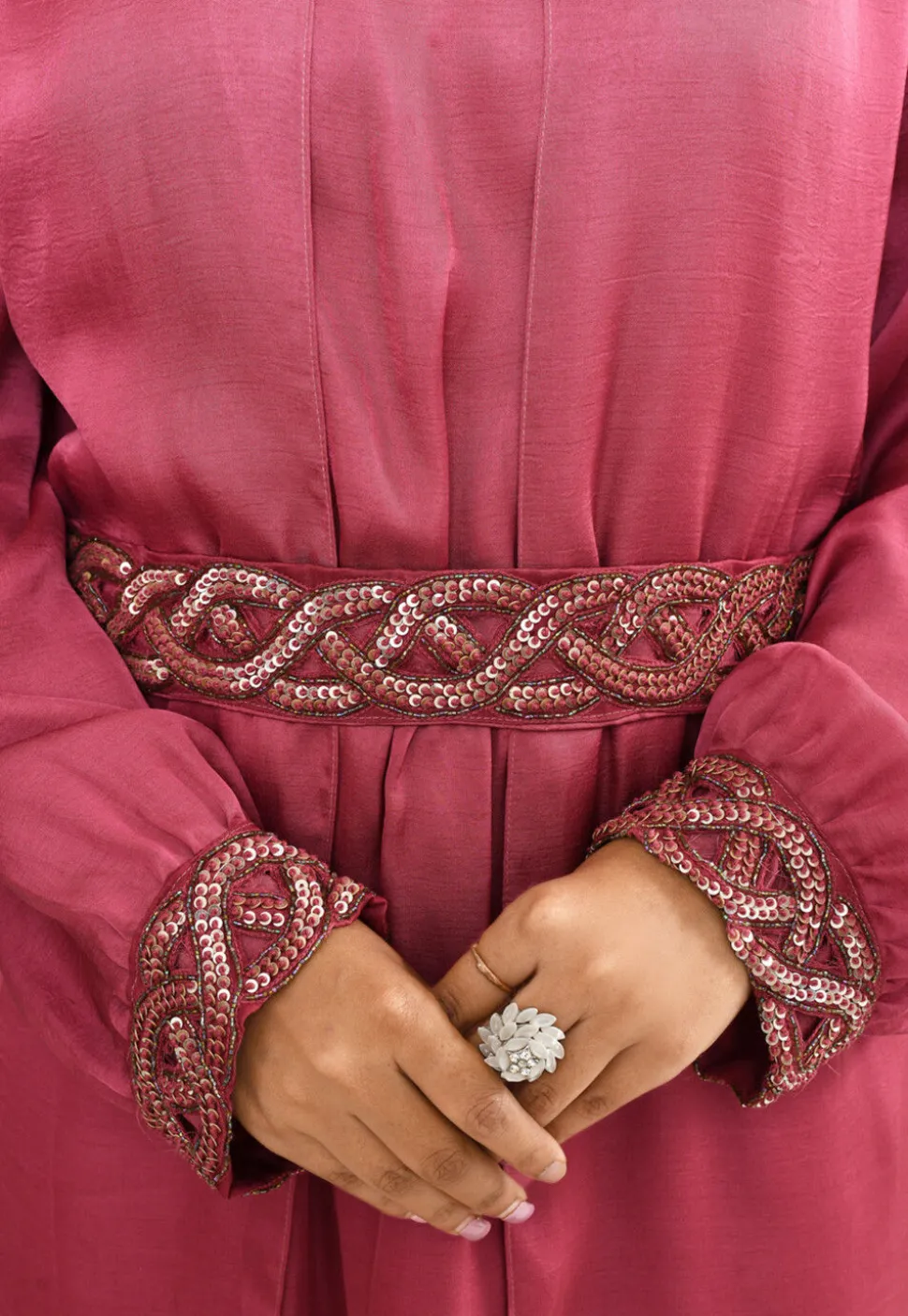 Hand Embroidered Satin Gown in Old Rose
