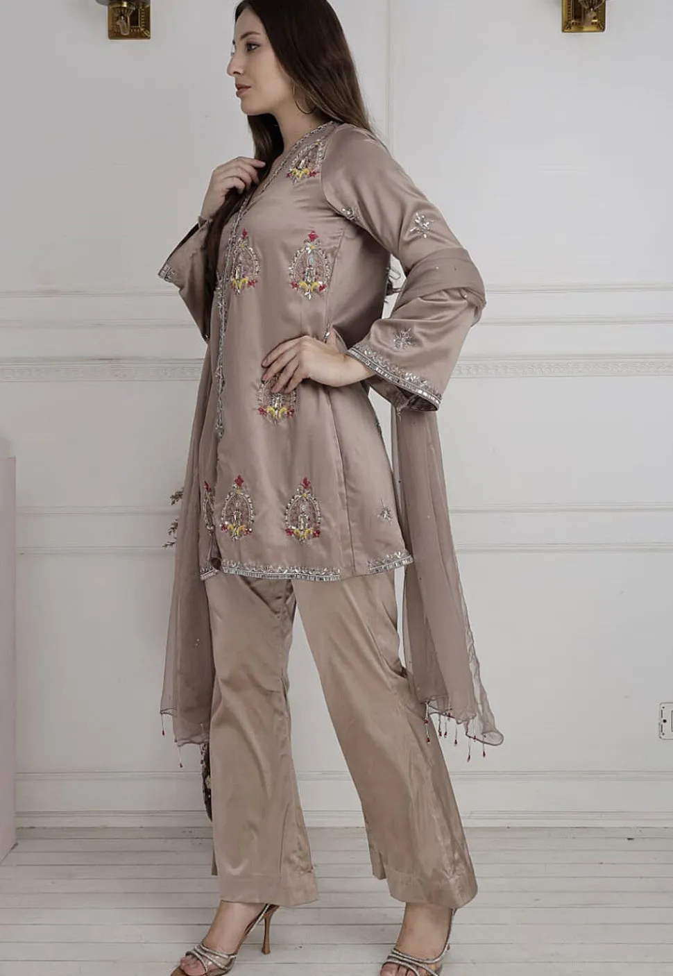 Hand Embroidered Satin Pakistani Suit in Fawn