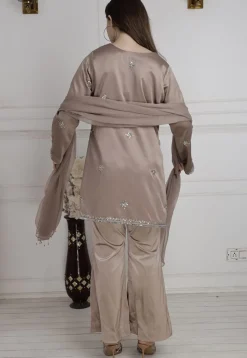 Hand Embroidered Satin Pakistani Suit in Fawn