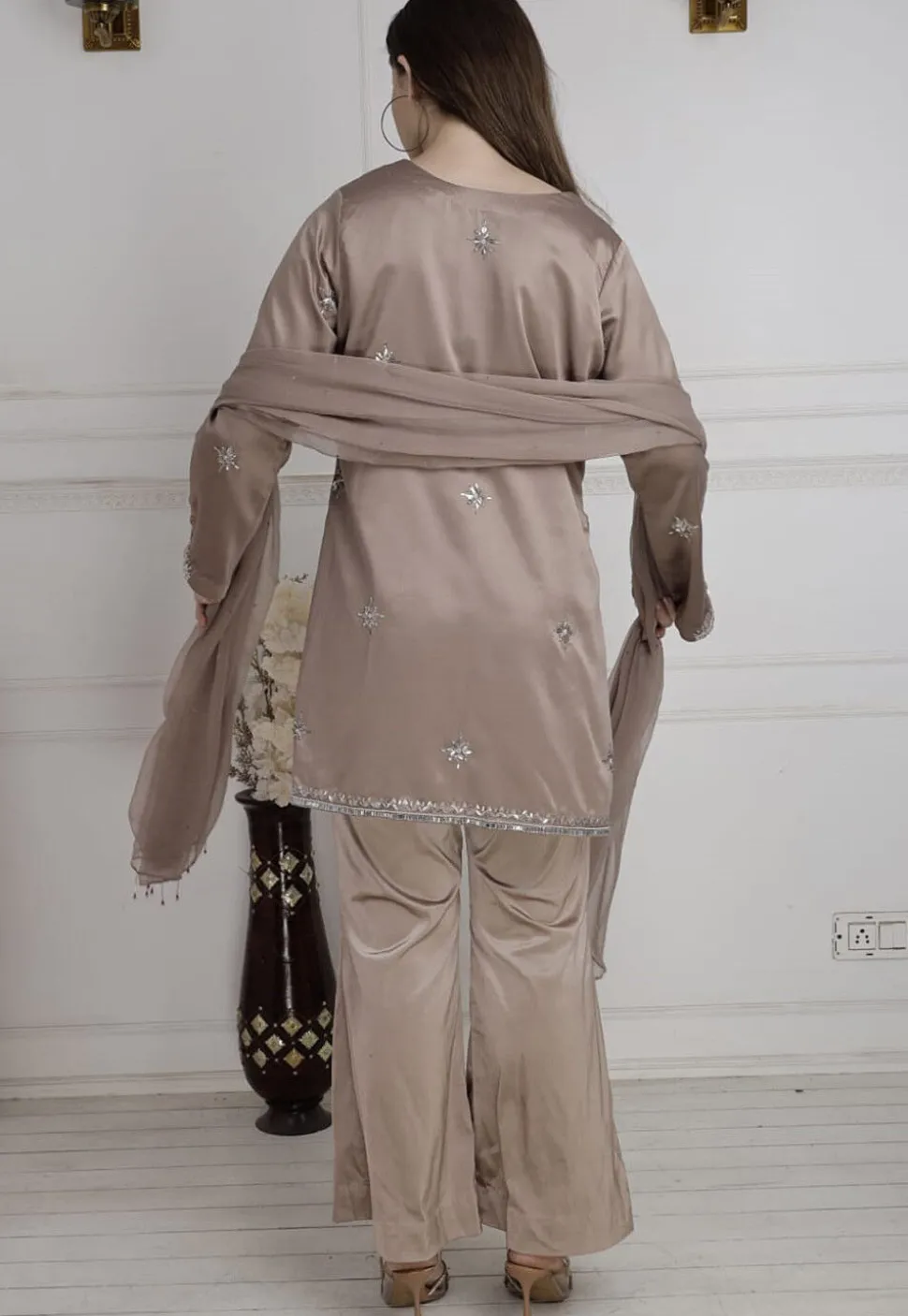 Hand Embroidered Satin Pakistani Suit in Fawn