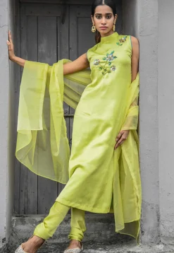 Hand Embroidered Satin Silk Straight Suit in Light Green