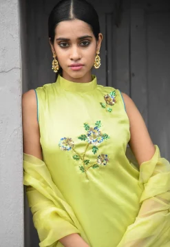 Hand Embroidered Satin Silk Straight Suit in Light Green