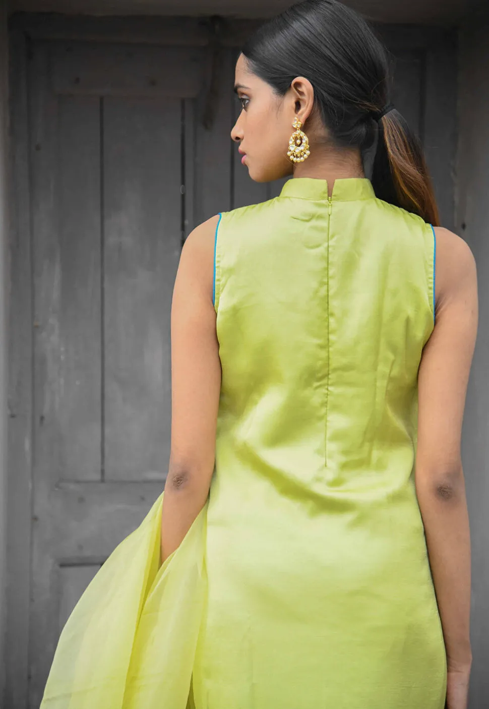 Hand Embroidered Satin Silk Straight Suit in Light Green