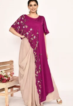 Hand Embroidered Satin Silk Asymmetric Top Set in Magenta