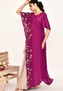 Hand Embroidered Satin Silk Asymmetric Top Set in Magenta