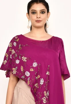 Hand Embroidered Satin Silk Asymmetric Top Set in Magenta