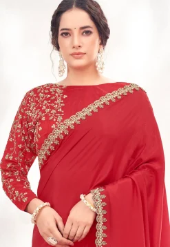 Hand Embroidered Satin Silk Scalloped Saree in Red