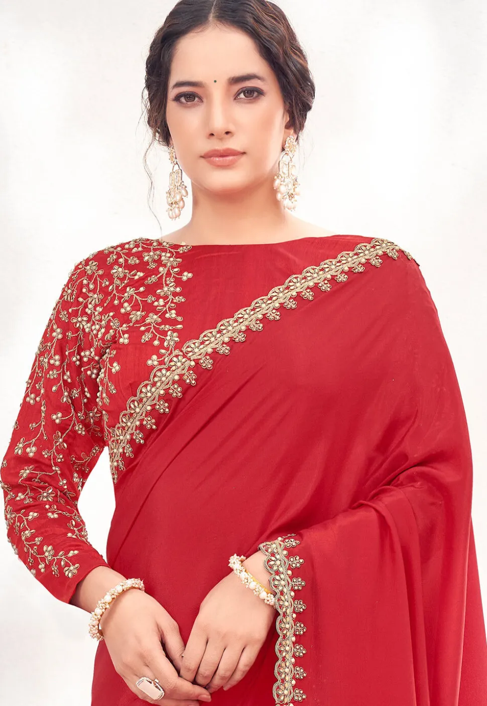 Hand Embroidered Satin Silk Scalloped Saree in Red