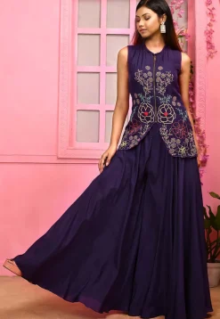 Hand Embroidered Satin Silk Top Set in Dark Purple