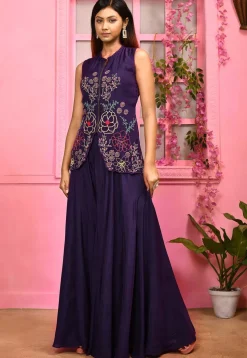 Hand Embroidered Satin Silk Top Set in Dark Purple